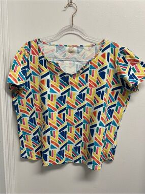 Anne Klein Multicolor Geometric Scooped V Neck Women's Tee, worn once